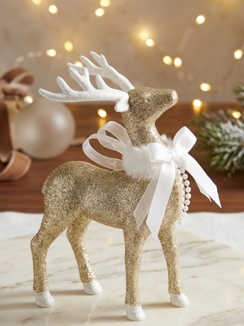Elegant Gold Glitter Reindeer Figurine Holiday Decor White Ribbon Pearl & Fur